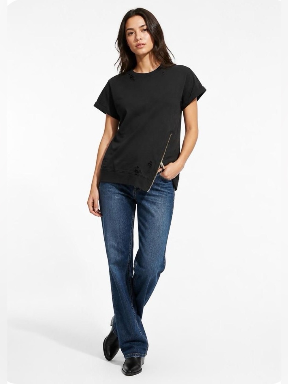 Black Orchid LA Distressed Side Zip Short Sleeve Sweatshirt Small